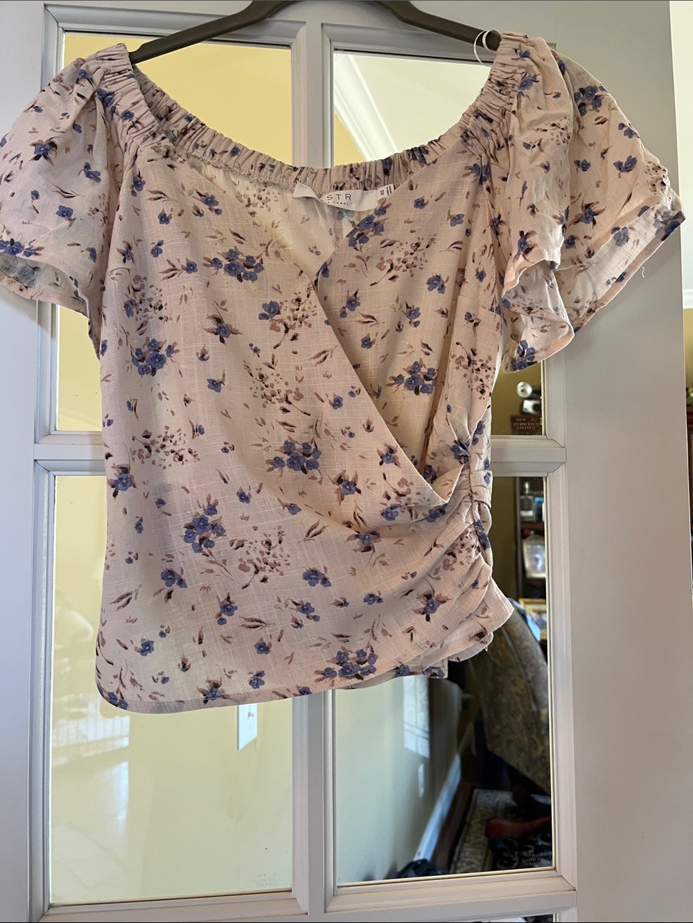 Astr Pink Floral Wrap Blouse with Blue Blossoms